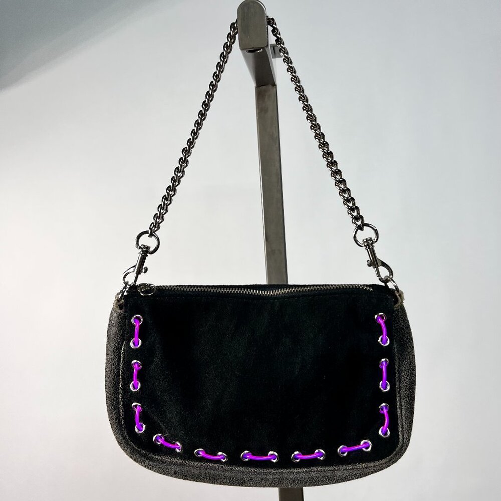 2ENLIGHT10 by REGINE BASHA Black Suede and Stressed Leather Light Up Chain Purse